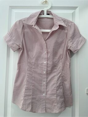 Jacob Pink and White Striped Short-Sleeve Button Blouse